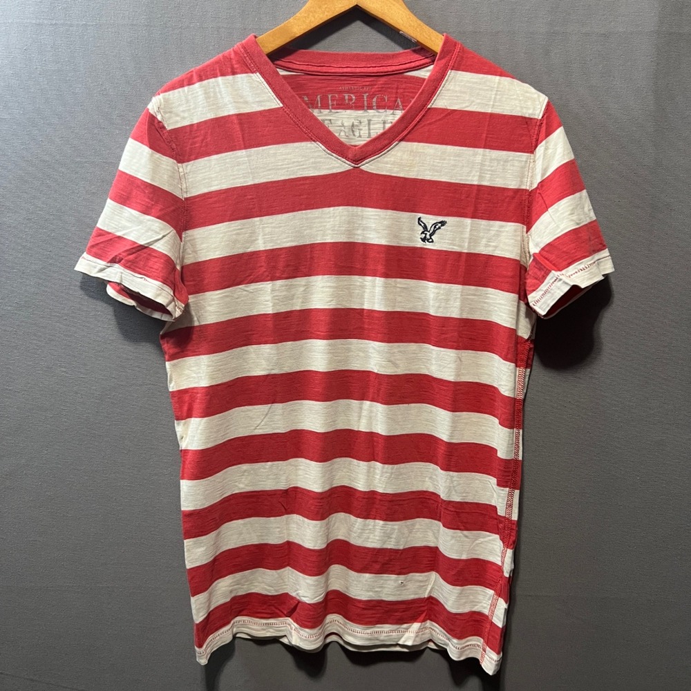 American Eagle Mens Red White Striped V-Neck Athletic Fit T-Shirt XS Logo